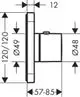 Technische Zeichnung eines AXOR Thermostats mit Unterputzinstallation. Sichtbarkeit von Anschlussgrößen und Montageabmessungen.